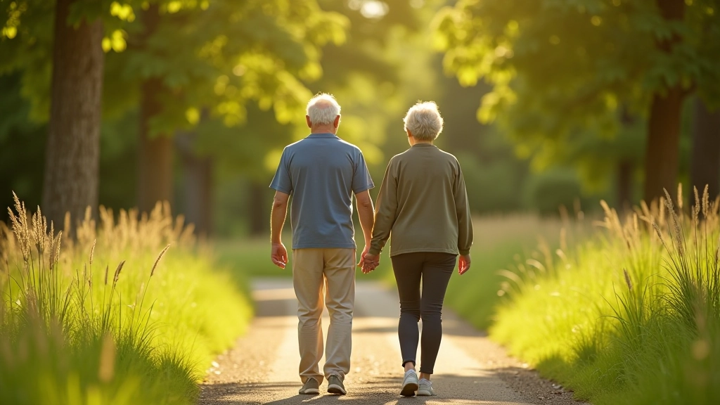 Divi seniori staigā dabas takā ar dažādiem augstumiem, viņi ir apavi ar stabiliem sporta apaviem